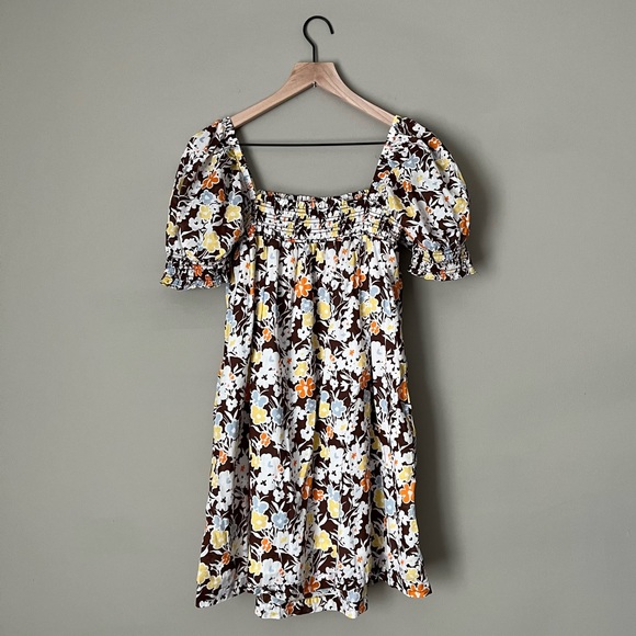 Tory Burch Floral Puff Sleeve Dress - White, Yellow, Brown - Picture 10 of 11